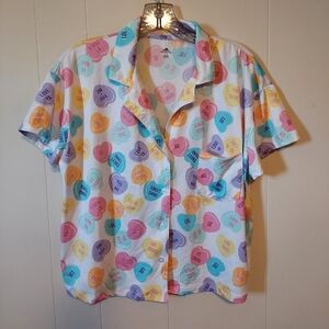 Colorful Heart Print Button-Up Sleep Shirt